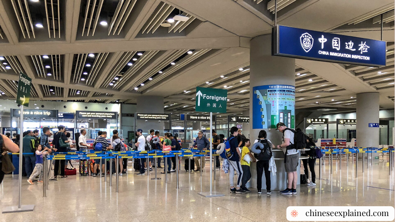 Passport control and arrival flow at a major China international airport