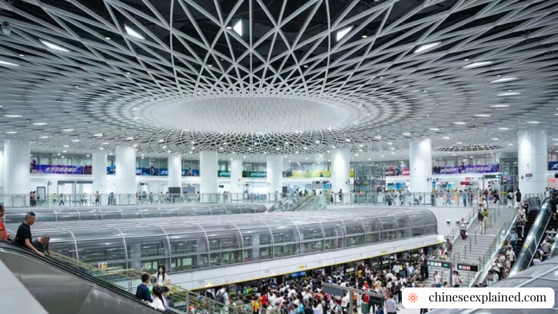 A beautifully designed Shenzhen Metro station with bright lighting, clean lines, and a calm modern atmosphere.
