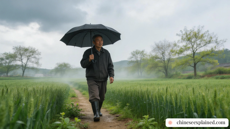 Early spring fields in China during Jingzhe with distant thunder clouds and farmers preparing the land