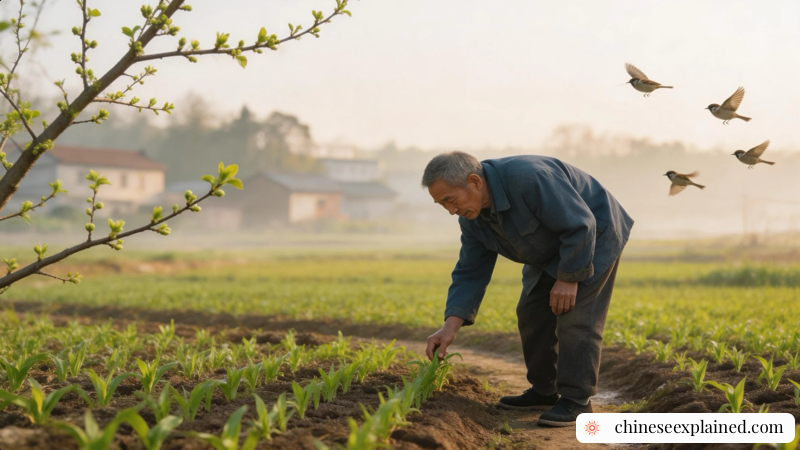 Farmers observe buds, birds, and wet soil as seasonal signs during Jingzhe