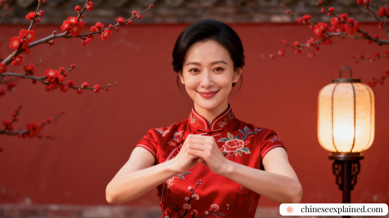 A beautiful and gentle Chinese woman sending Chinese New Year greetings to people around the world.