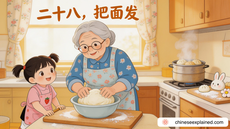 Dough being left to rise in preparation for steaming mantou, illustrating the custom of “二十八,把面发 (èr shí bā, bǎ miàn fā)” before Chinese New Year.