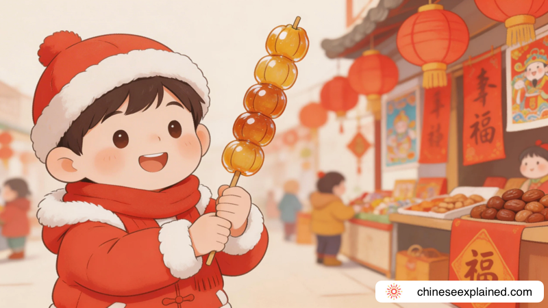 A child holding sticky sugar melons on the 23rd day before Chinese New Year, illustrating the tradition of “二十三,糖瓜粘 (èr shí sān, táng guā zhān)”.